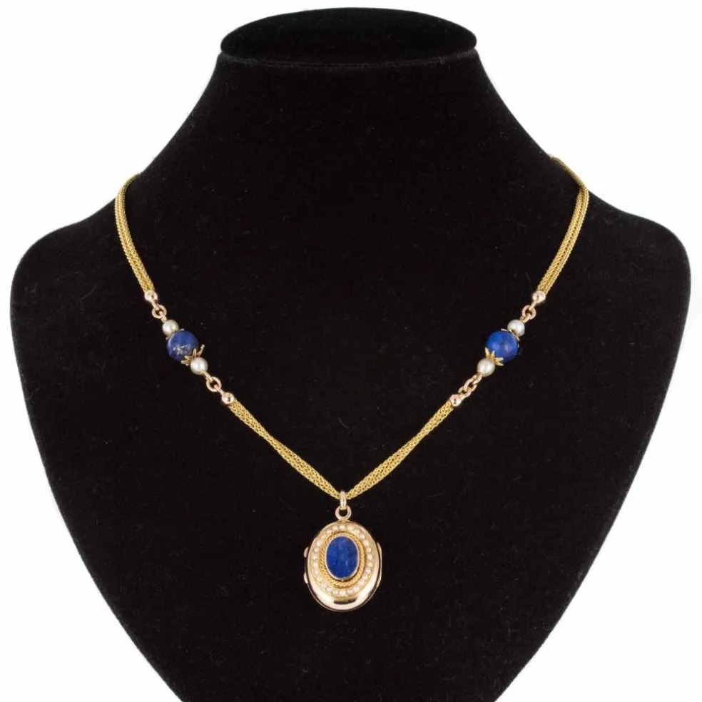Collier ancien et son médaillon lapis lazuli et perles fines