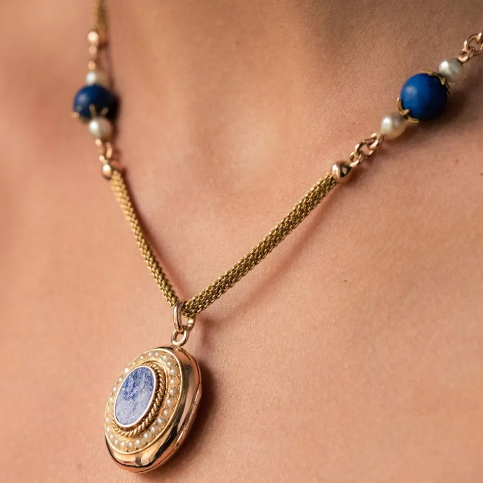Collier ancien et son médaillon lapis lazuli et perles fines