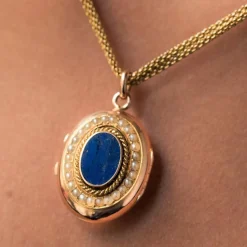 Collier ancien et son médaillon lapis lazuli et perles fines