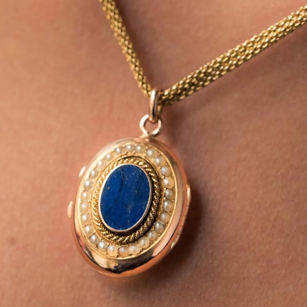 Collier ancien et son médaillon lapis lazuli et perles fines