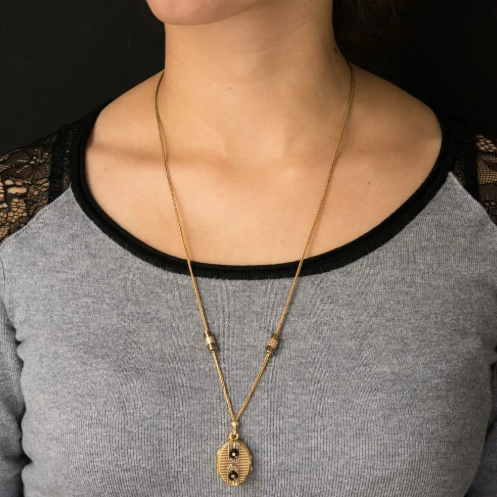 Collier ancien médaillon et coulants émaillés et diamants