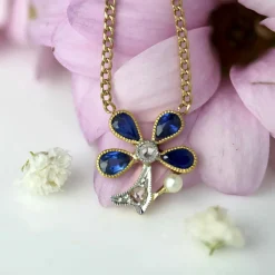 Collier ancien trèfle à quatre feuilles saphirs et diamants