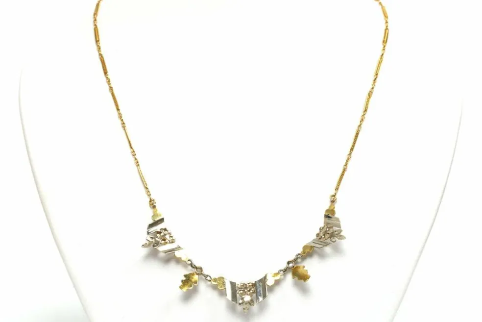 Collier Art Déco or jaune et blanc, perles et diamants taille rose