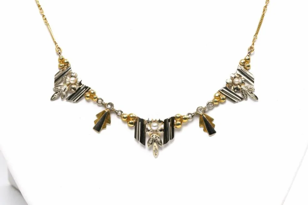 Collier Art Déco or jaune et blanc, perles et diamants taille rose