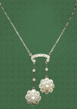 Collier art deco négligé or jaune 18k platine diamants perles