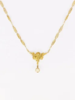 Collier Art Nouveau maille filigrane or jaune perles fines