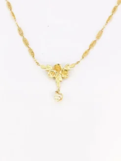 Collier Art Nouveau maille filigrane or jaune perles fines