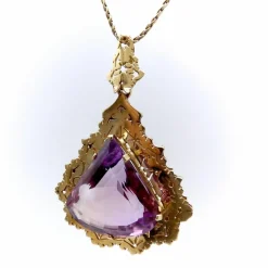 Collier avec pendentif en améthyste moderniste du milieu du siècle en or 14 carats