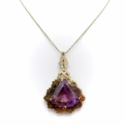 Collier avec pendentif en améthyste moderniste du milieu du siècle en or 14 carats