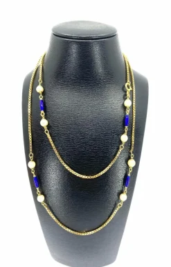 Collier chaine or jaune perles et émail bleu