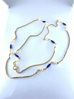 Collier chaine or jaune perles et émail bleu