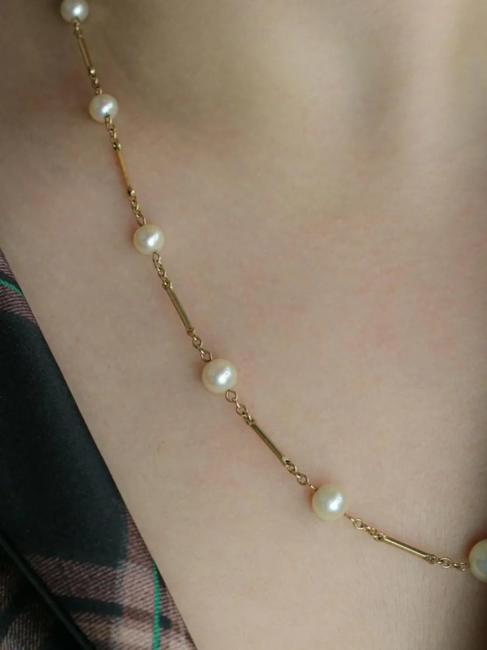 Collier chaine vintage batons or jaune perles