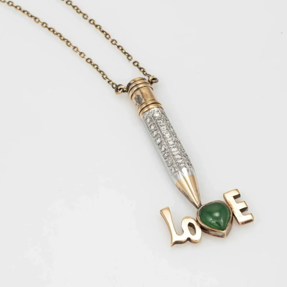 Collier crayon diamant Love des années 70, bijou vintage en or jaune 14 carats et jade