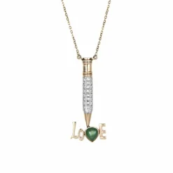 Collier crayon diamant Love des années 70, bijou vintage en or jaune 14 carats et jade