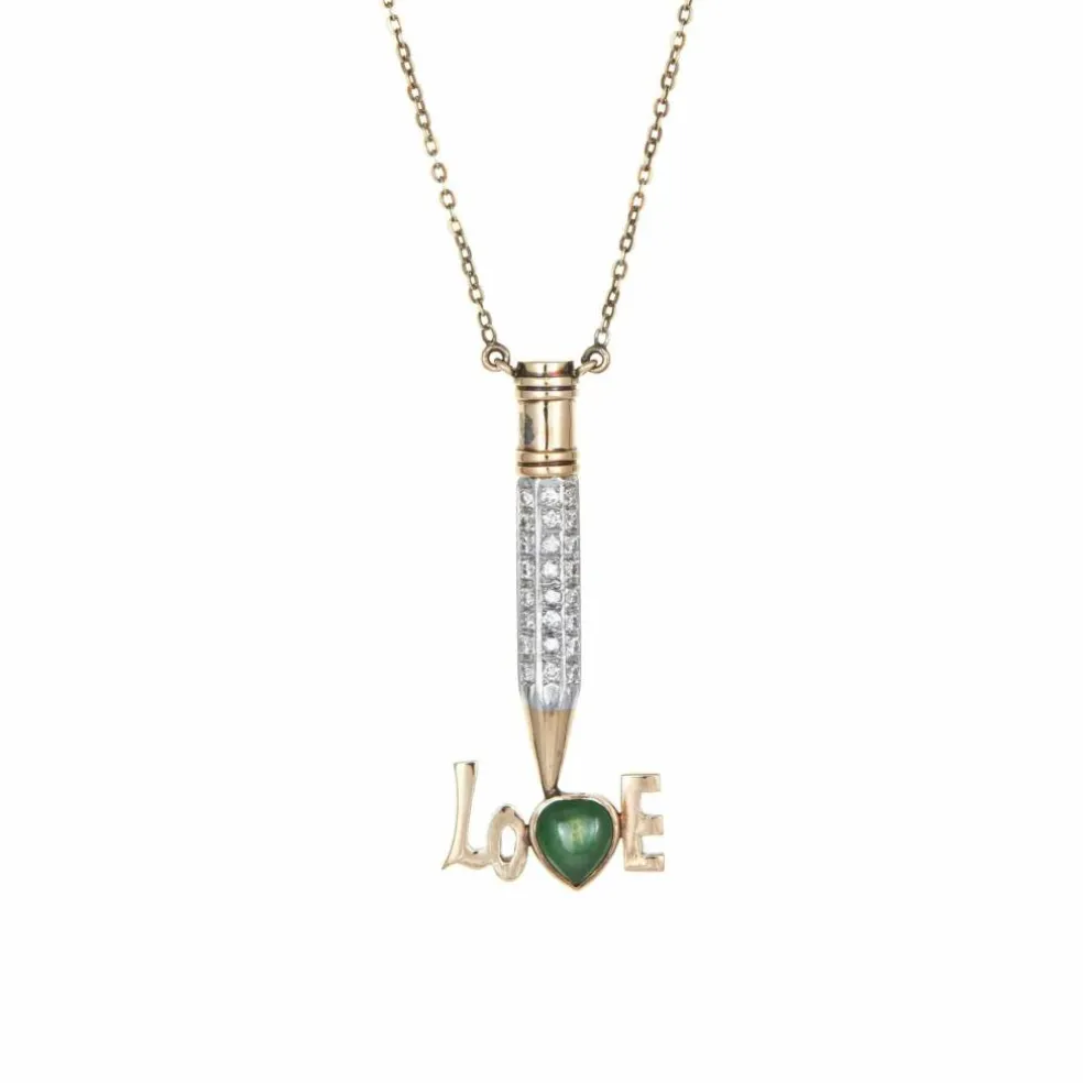 Collier crayon diamant Love des années 70, bijou vintage en or jaune 14 carats et jade