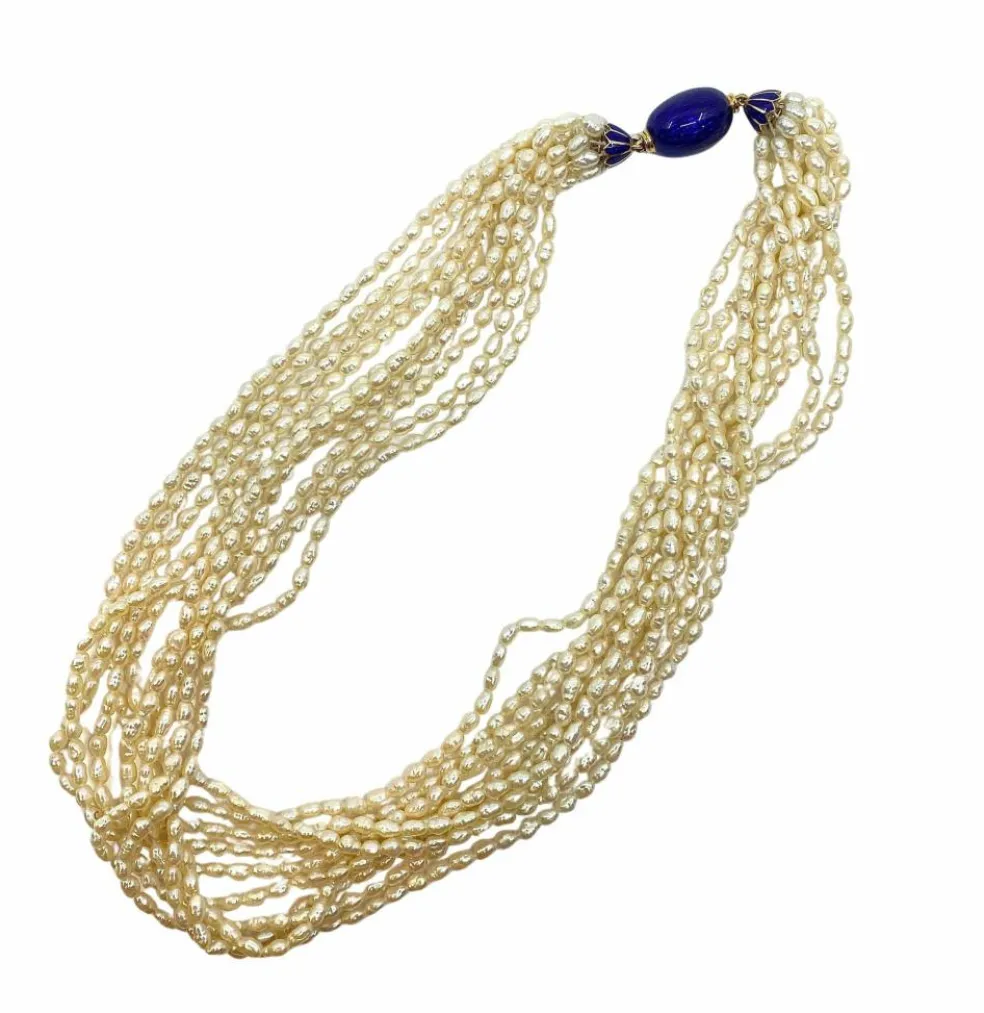 Collier de 10 rangs de perles de culture BIWA, fermoir en or 18 carats émaillé