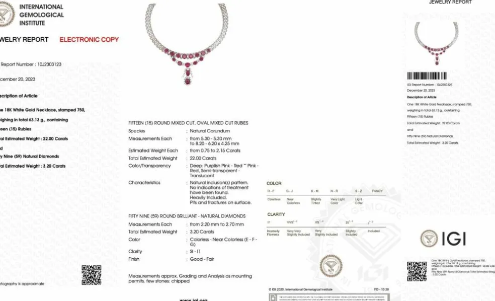 Collier en or blanc diamants et rubis certificat IGI
