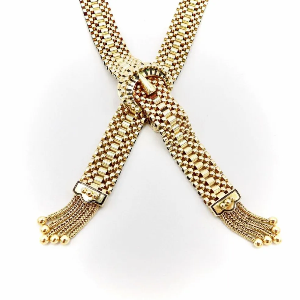 collier en or tressé avec fermoir à boucle et pompons