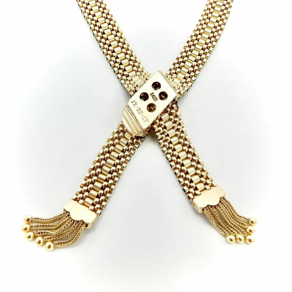 collier en or tressé avec fermoir à boucle et pompons