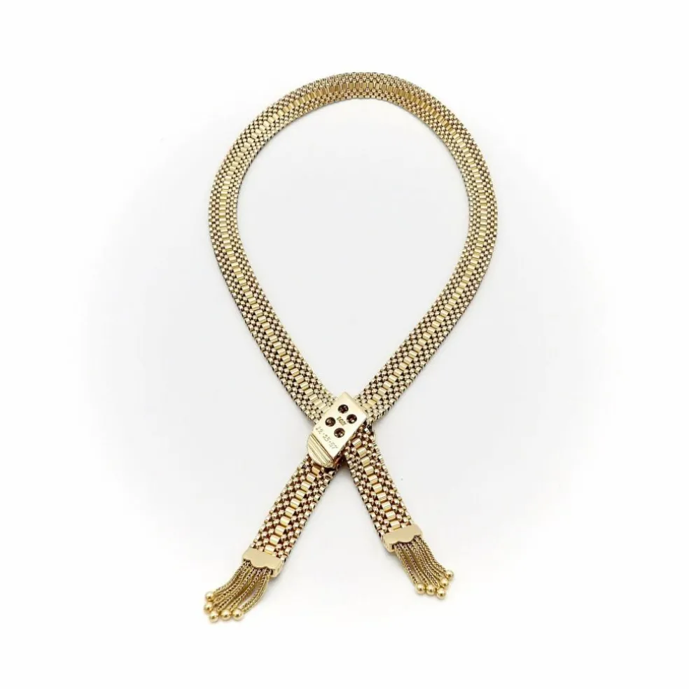 collier en or tressé avec fermoir à boucle et pompons