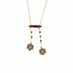 Collier négligé en or jaune, rubis synthètiques et diamants