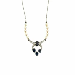 Collier Or Blanc, Diamants, Saphirs et Perles de Culture