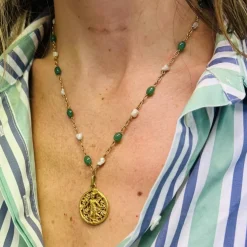Collier or jaune avec Boule Aventurine et Perle de Culture Keshi