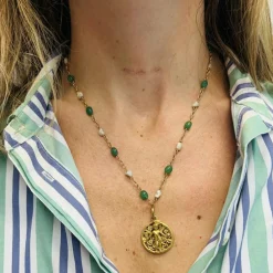Collier or jaune avec Boule Aventurine et Perle de Culture Keshi