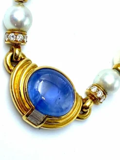 Collier Or jaune Perles Saphir cabochon