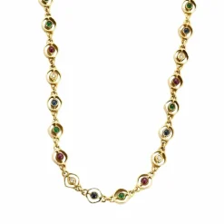 Collier or jaune, saphir, émeraudes et rubis