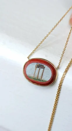 Collier pendentif micro mosaïque temple antique or jaune