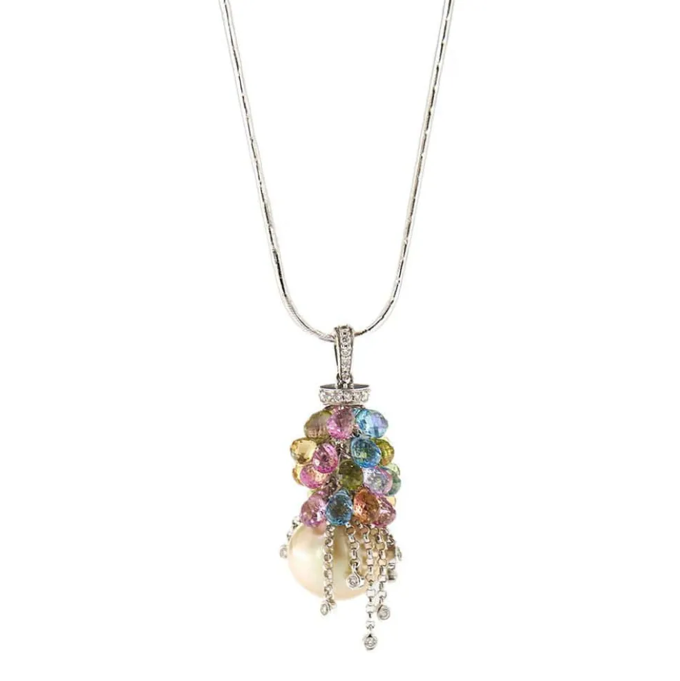 Collier pendentif perle pierres de couleur et diamants
