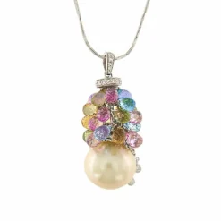 Collier pendentif perle pierres de couleur et diamants