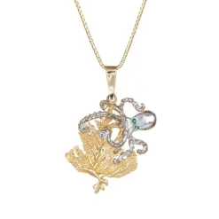 Collier Pieuvre Vintage Or Jaune Diamant Yeux Émeraudes
