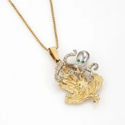 Collier Pieuvre Vintage Or Jaune Diamant Yeux Émeraudes