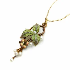 Collier Plique-à-Jour en or, diamants et perles