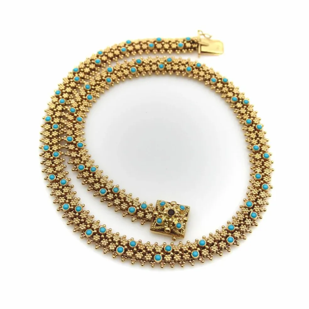 Collier portugais en or 19,2 carats et turquoise de style néo-étrusque