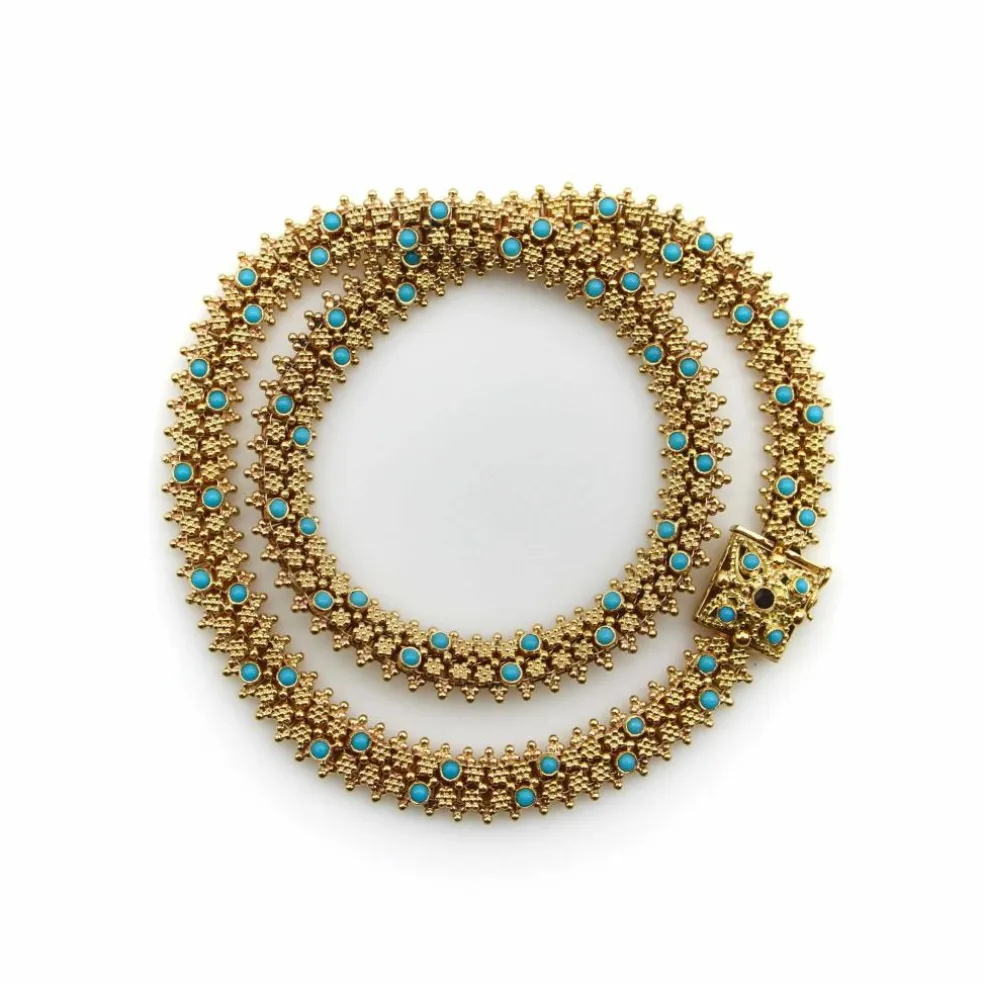 Collier portugais en or 19,2 carats et turquoise de style néo-étrusque