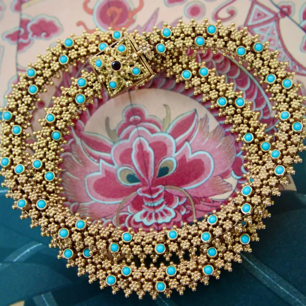 Collier portugais en or 19,2 carats et turquoise de style néo-étrusque