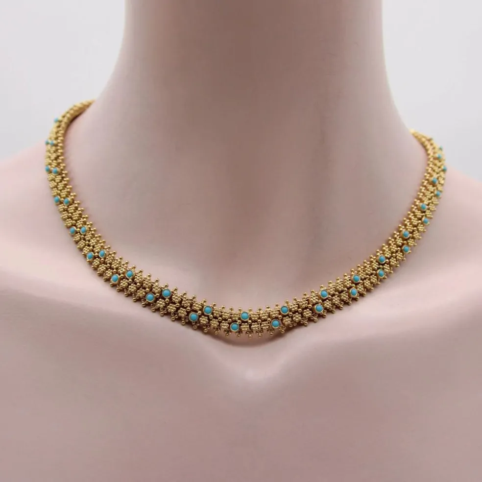 Collier portugais en or 19,2 carats et turquoise de style néo-étrusque