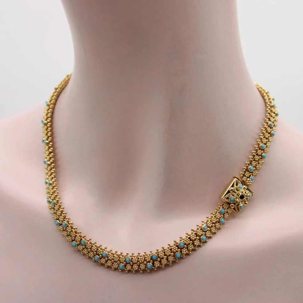 Collier portugais en or 19,2 carats et turquoise de style néo-étrusque