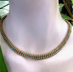 Collier portugais en or 19,2 carats et turquoise de style néo-étrusque