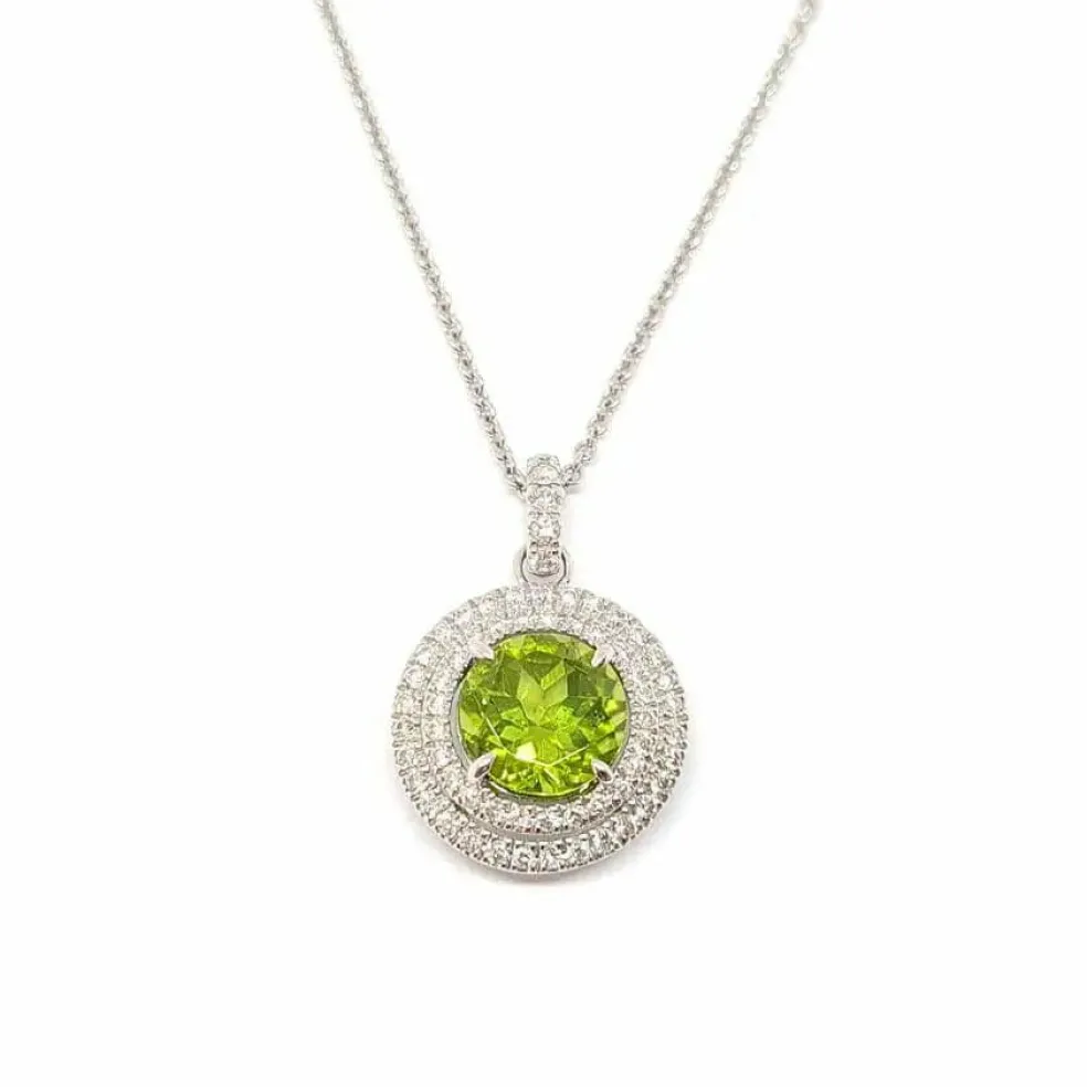 Collier péridot entourage diamants or blanc
