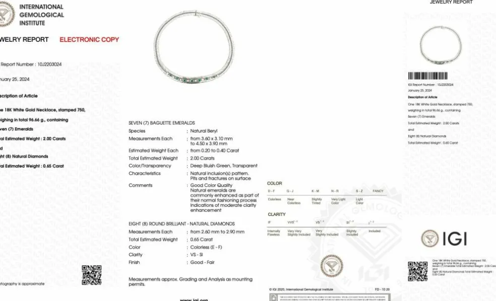Collier ras du cou diamants et émeraudes certificat IGI