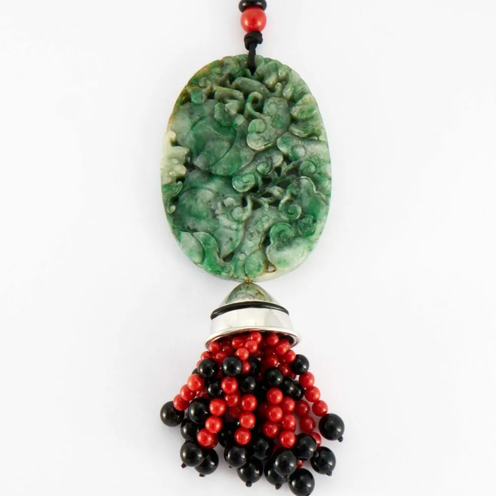 Collier Sautoir Or blanc Jade Corail Onyx