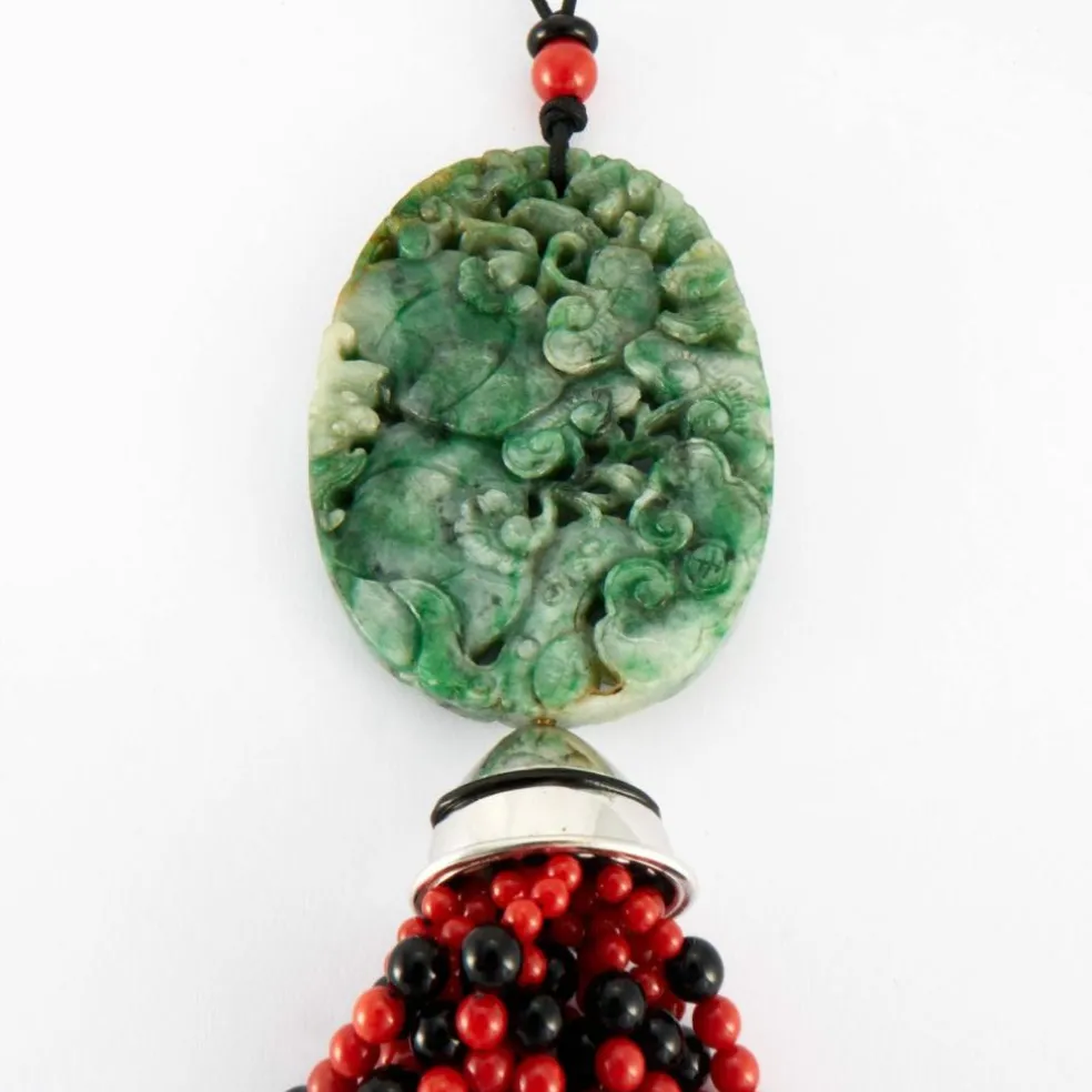 Collier Sautoir Or blanc Jade Corail Onyx