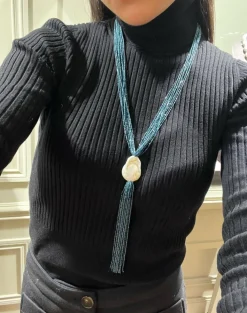 Collier Sautoir topazes London blue, perle baroque, bakélite