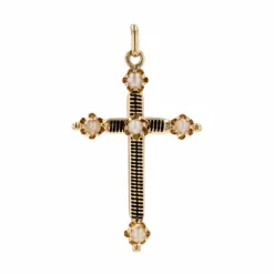 Croix ancienne émail noir perles fines et sa chaine