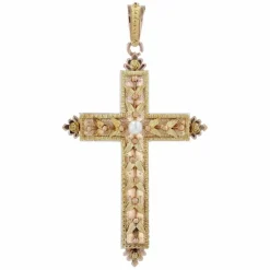 Croix ancienne perle ors vert et rose