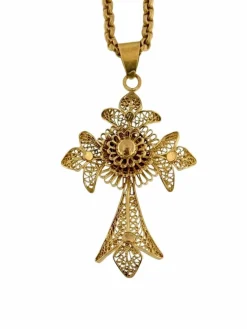 Crucifix portugais traditionnel fabriqué main, chaîne or jaune